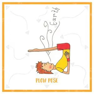 Illustrated kids yoga card with orange border representing sacral chakra in Plow Pose