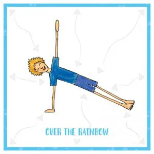 Kids yoga pose card with blue border representing throat chakra