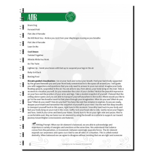 Page from the Grounded in the 5 Elements curriculum featuring the 'Air' section, which includes yoga poses, breathing exercises, guided visualizations, and mindfulness activities to help children develop focus, balance, and self-regulation.