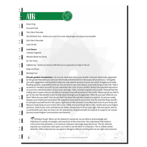 Page from the Grounded in the 5 Elements curriculum featuring the 'Air' section, which includes yoga poses, breathing exercises, guided visualizations, and mindfulness activities to help children develop focus, balance, and self-regulation.