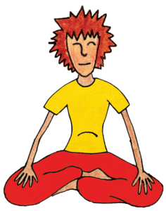 Drawing of a child with spiky red hair, a yellow shirt and red pants in Just Breathe pose, sitting cross-legged with hands resting on the knees and eyes closed.