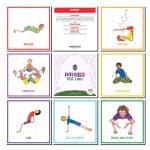 Preview of Grounded Kids Yoga Pose Cards showing 7 pose illustrations, including Camel, Gratitude and Garden Club, with a card back and the cover