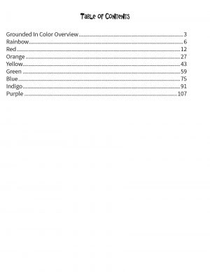 Table of Contents listing lessons and tools included in the Grounded in Color kids yoga curriculum.